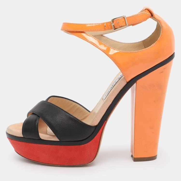 Pre Owned Jimmy Choo Tricolor Leather Cross Strap Platform Block Heel Sandals Size 38.5