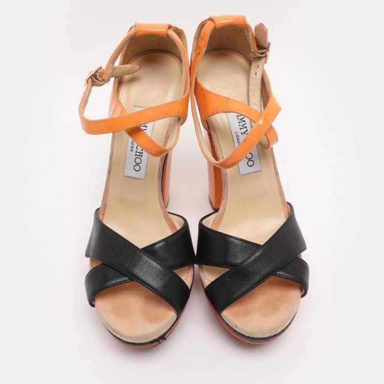 Pre Owned Jimmy Choo Tricolor Leather Cross Strap Platform Block Heel Sandals Size 38.5
