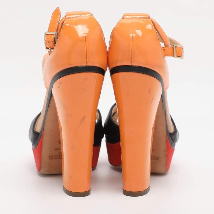 Pre Owned Jimmy Choo Tricolor Leather Cross Strap Platform Block Heel Sandals Size 38.5