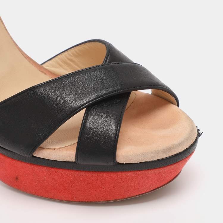 Pre Owned Jimmy Choo Tricolor Leather Cross Strap Platform Block Heel Sandals Size 38.5