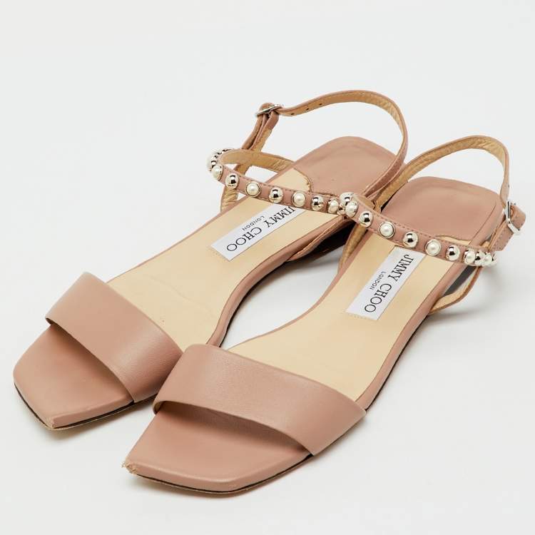 Pre Owned Jimmy Choo Beige Leather Aadra Ankle Strap Flat Sandals Size 40