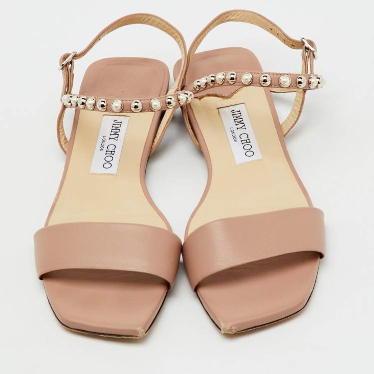Pre Owned Jimmy Choo Beige Leather Aadra Ankle Strap Flat Sandals Size 40