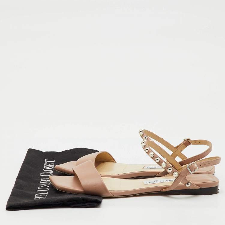 Pre Owned Jimmy Choo Beige Leather Aadra Ankle Strap Flat Sandals Size 40