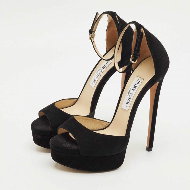 مملوكة مسبقًا Jimmy Choo Black Suede Annie Ankle Strap Platform Pumps Size 38.5