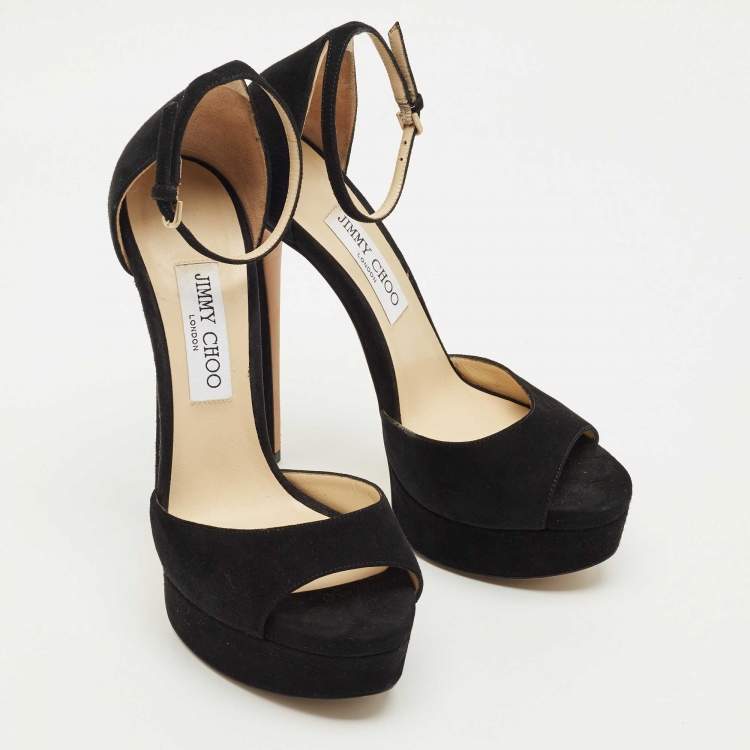 مملوكة مسبقًا Jimmy Choo Black Suede Annie Ankle Strap Platform Pumps Size 38.5