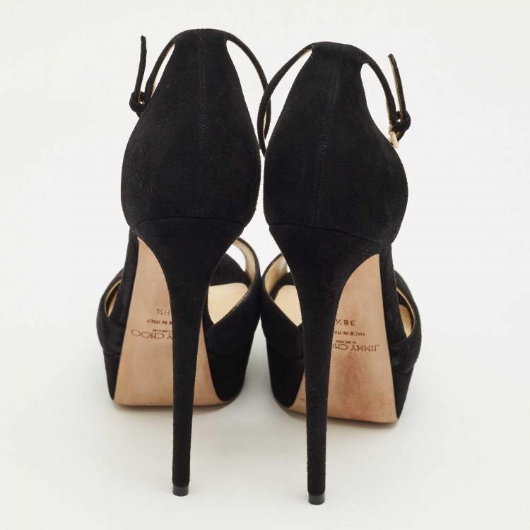 مملوكة مسبقًا Jimmy Choo Black Suede Annie Ankle Strap Platform Pumps Size 38.5
