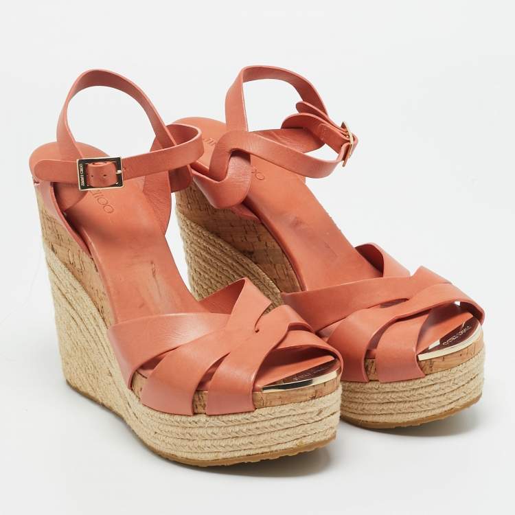 Pre Owned Jimmy Choo Brown Leather Platform Wedge Sandals Size 40.5