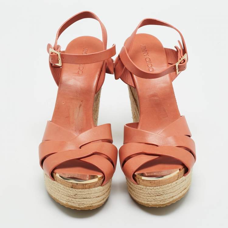 Pre Owned Jimmy Choo Brown Leather Platform Wedge Sandals Size 40.5