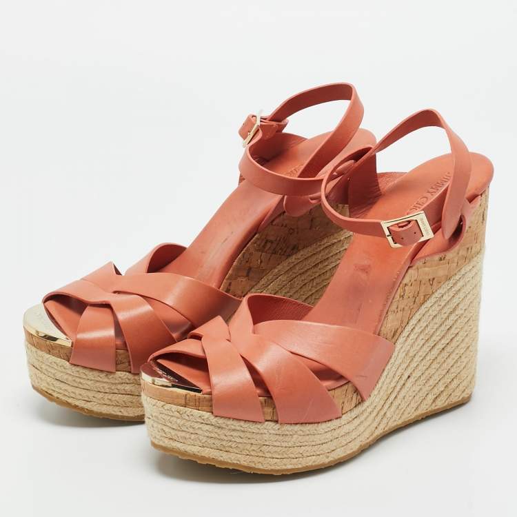 Pre Owned Jimmy Choo Brown Leather Platform Wedge Sandals Size 40.5