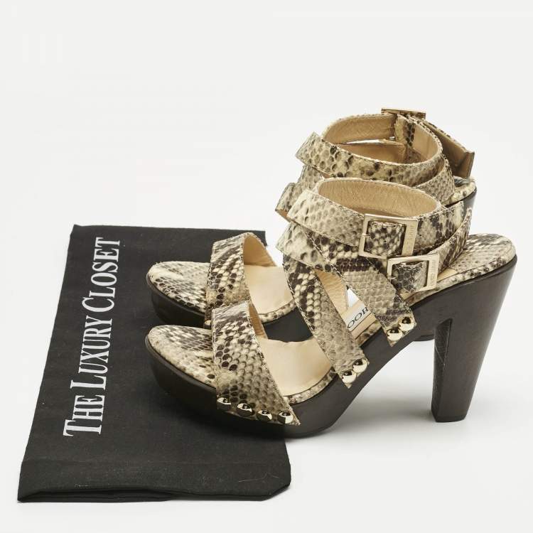 Pre Owned Jimmy Choo Beige Python Embossed Leather Unity Strappy Wooden Sandals Size 37