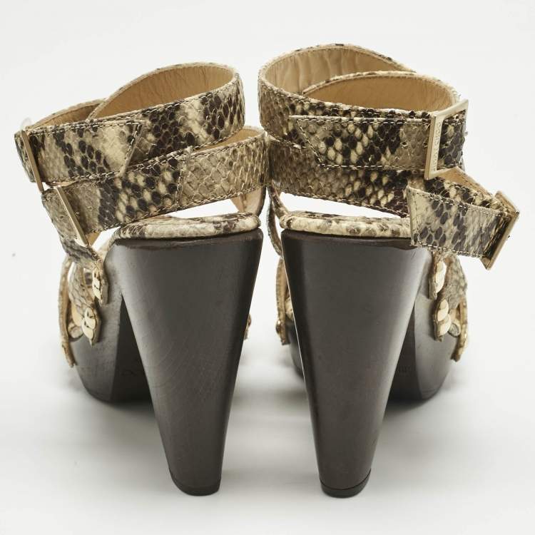 Pre Owned Jimmy Choo Beige Python Embossed Leather Unity Strappy Wooden Sandals Size 37