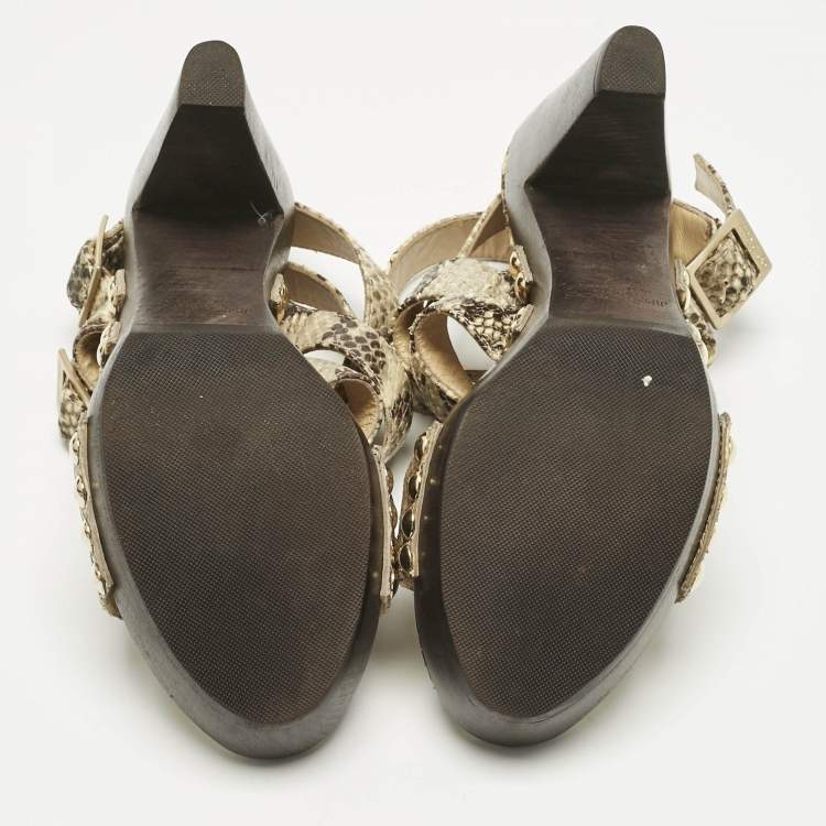 Pre Owned Jimmy Choo Beige Python Embossed Leather Unity Strappy Wooden Sandals Size 37