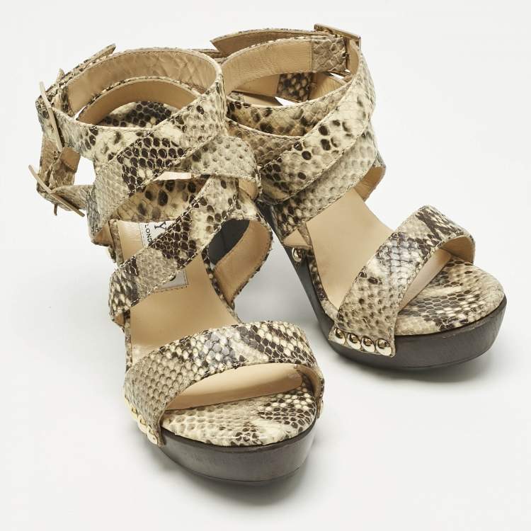 Pre Owned Jimmy Choo Beige Python Embossed Leather Unity Strappy Wooden Sandals Size 37