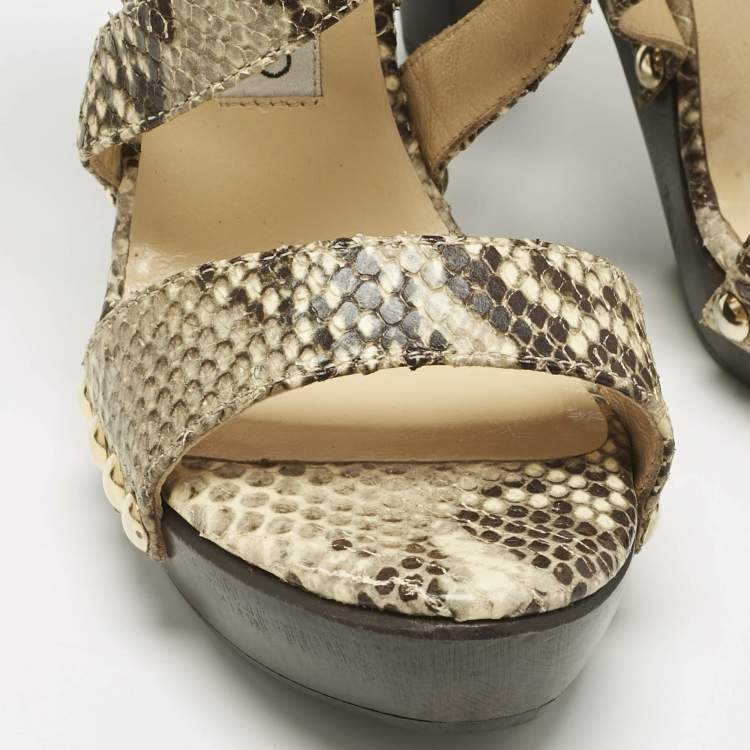 Pre Owned Jimmy Choo Beige Python Embossed Leather Unity Strappy Wooden Sandals Size 37
