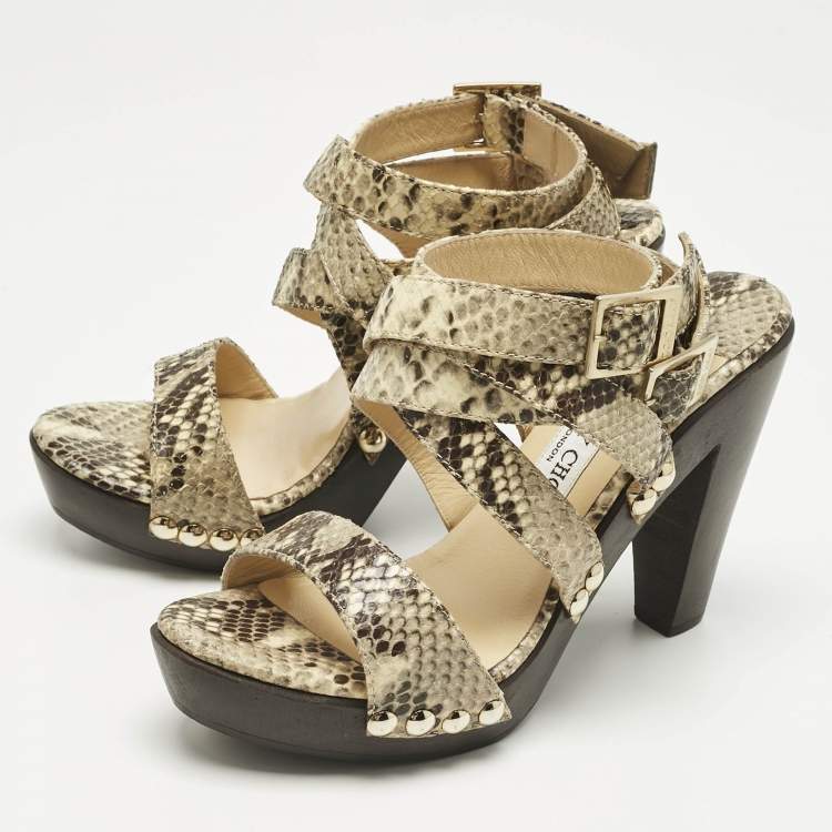 Pre Owned Jimmy Choo Beige Python Embossed Leather Unity Strappy Wooden Sandals Size 37