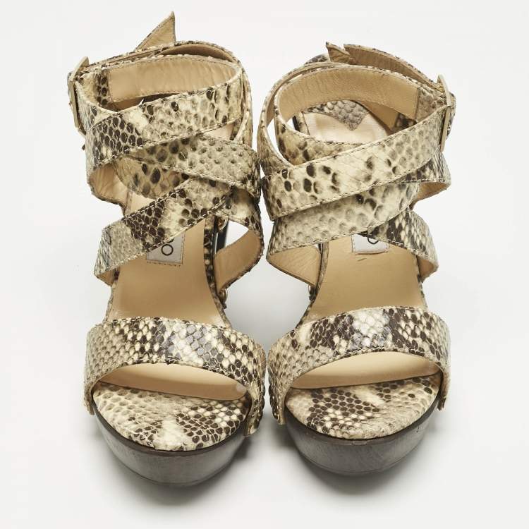 Pre Owned Jimmy Choo Beige Python Embossed Leather Unity Strappy Wooden Sandals Size 37