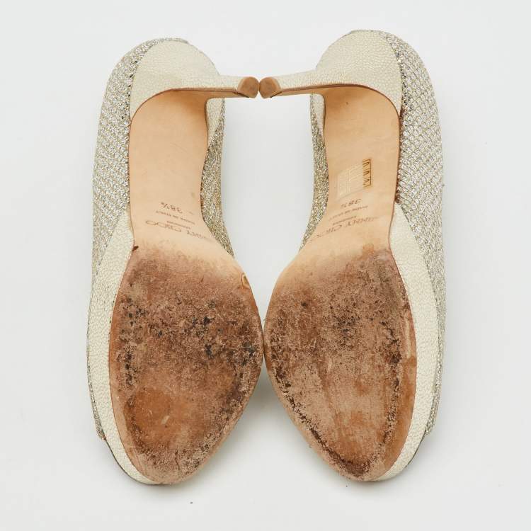 Pre Owned Jimmy Choo Metallic Gold Glitter Fabric Dahlia Peep Toe Platform Pumps Size 38.5