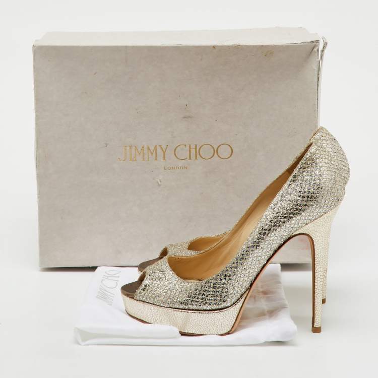 Pre Owned Jimmy Choo Metallic Gold Glitter Fabric Dahlia Peep Toe Platform Pumps Size 38.5