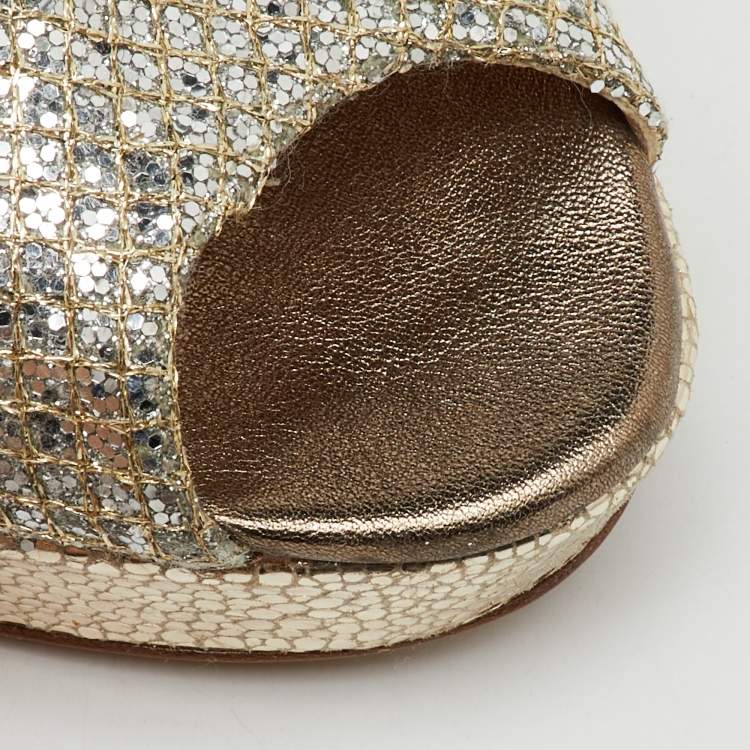 Pre Owned Jimmy Choo Metallic Gold Glitter Fabric Dahlia Peep Toe Platform Pumps Size 38.5
