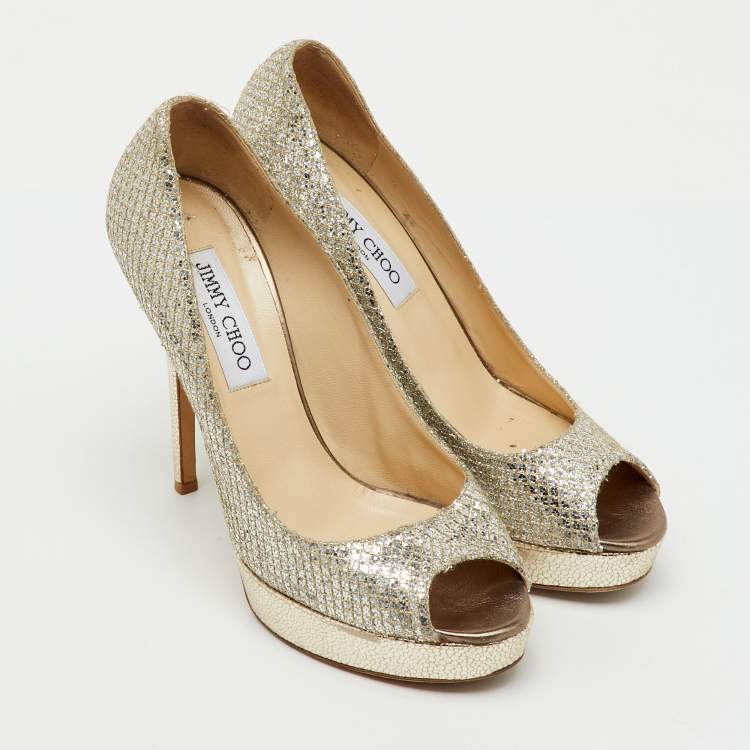 Pre Owned Jimmy Choo Metallic Gold Glitter Fabric Dahlia Peep Toe Platform Pumps Size 38.5