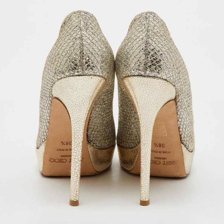 Pre Owned Jimmy Choo Metallic Gold Glitter Fabric Dahlia Peep Toe Platform Pumps Size 38.5