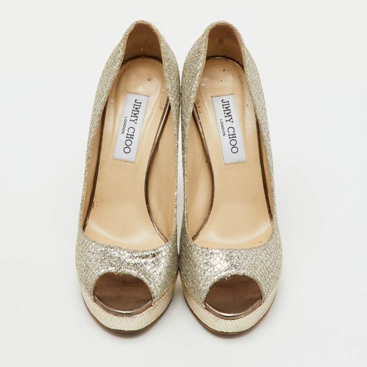 Pre Owned Jimmy Choo Metallic Gold Glitter Fabric Dahlia Peep Toe Platform Pumps Size 38.5