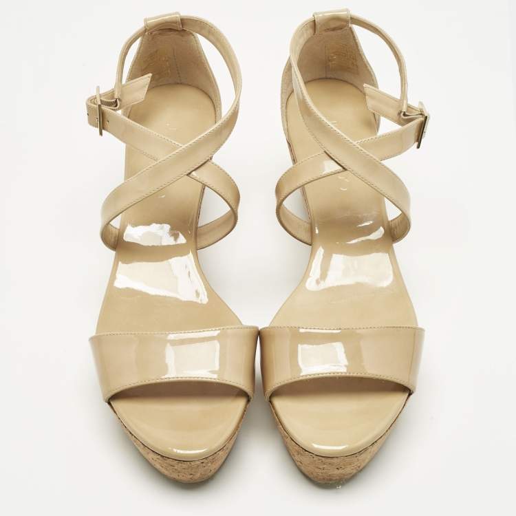 Pre Owned Jimmy Choo Beige Patent Leather Cork Wedge Cross Strap Sandals Size 40