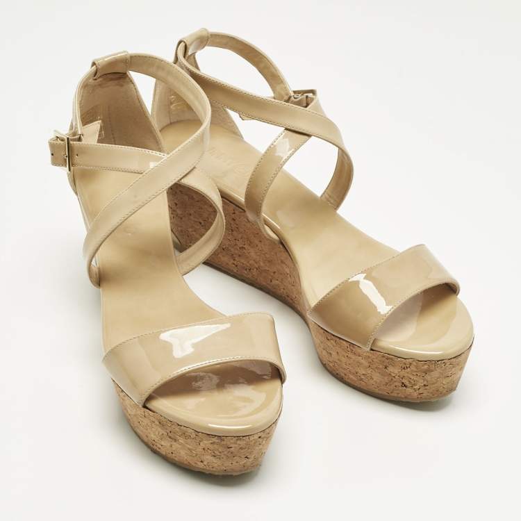 Pre Owned Jimmy Choo Beige Patent Leather Cork Wedge Cross Strap Sandals Size 40