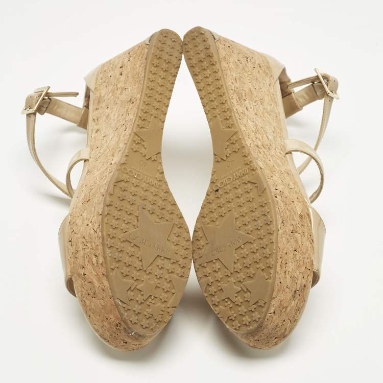 Pre Owned Jimmy Choo Beige Patent Leather Cork Wedge Cross Strap Sandals Size 40