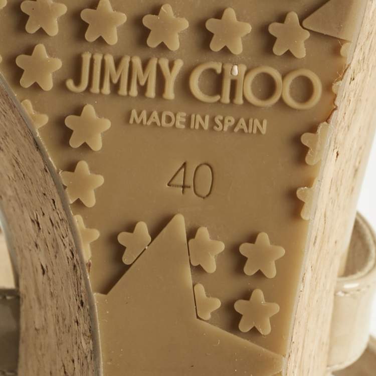 Pre Owned Jimmy Choo Beige Patent Leather Cork Wedge Cross Strap Sandals Size 40