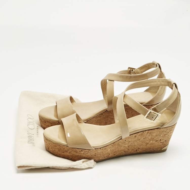 Pre Owned Jimmy Choo Beige Patent Leather Cork Wedge Cross Strap Sandals Size 40