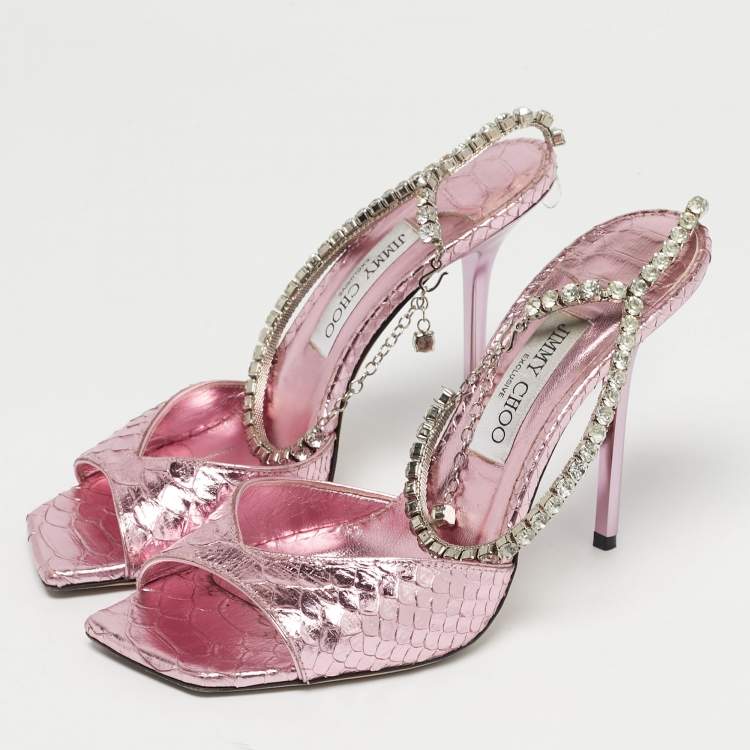 Pre Owned Jimmy Choo Purple Python Embossed Leather Saeda Ankle Strap Sandals Size 40