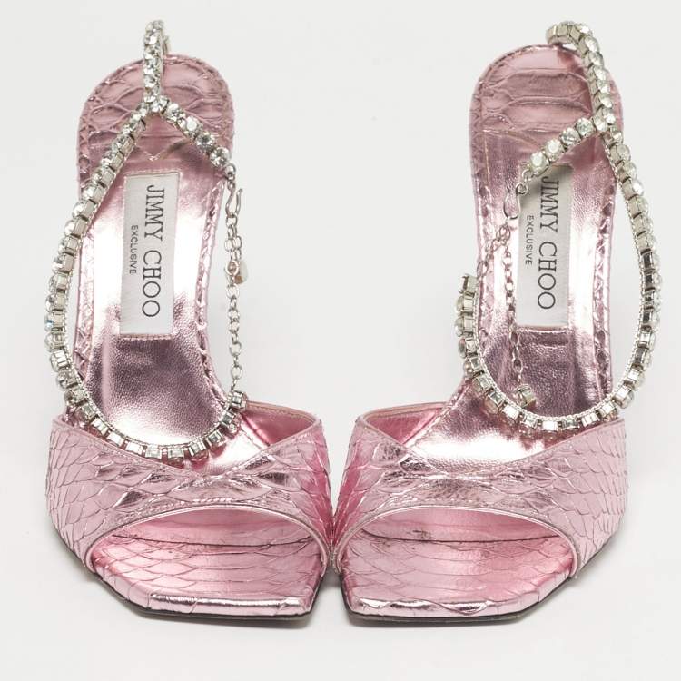 Pre Owned Jimmy Choo Purple Python Embossed Leather Saeda Ankle Strap Sandals Size 40