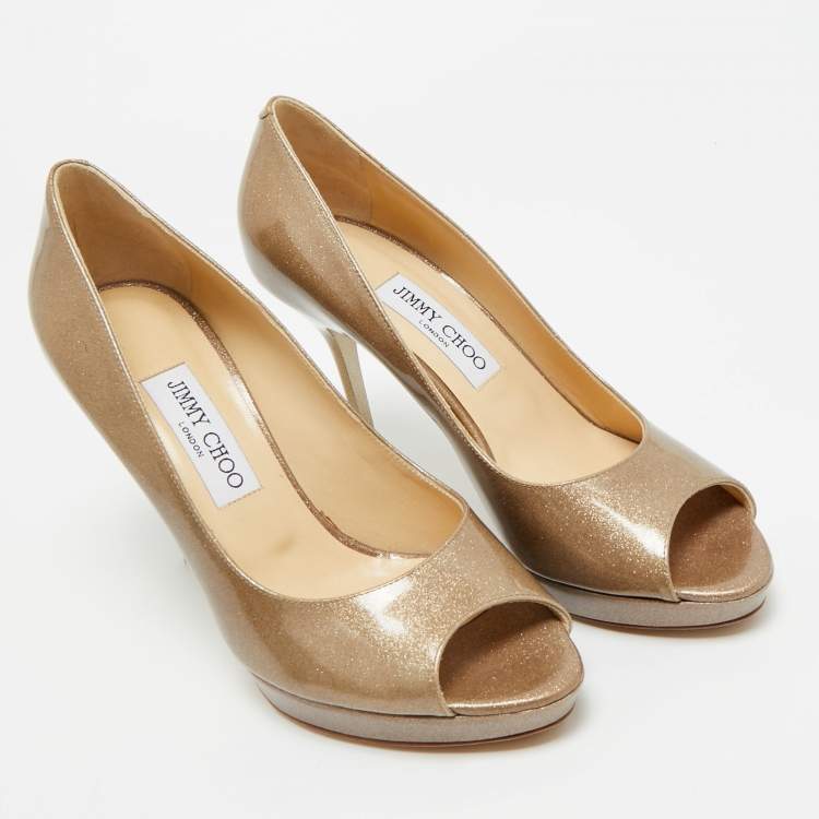 Pre Owned Jimmy Choo Metallic Gold Patent Leather Peep Toe Pumps Size 39