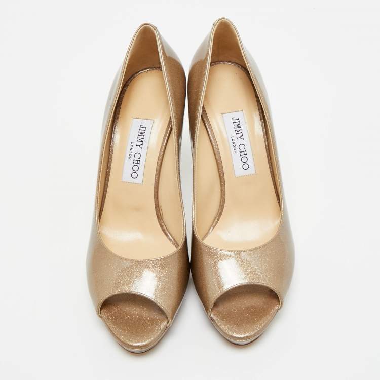 Pre Owned Jimmy Choo Metallic Gold Patent Leather Peep Toe Pumps Size 39