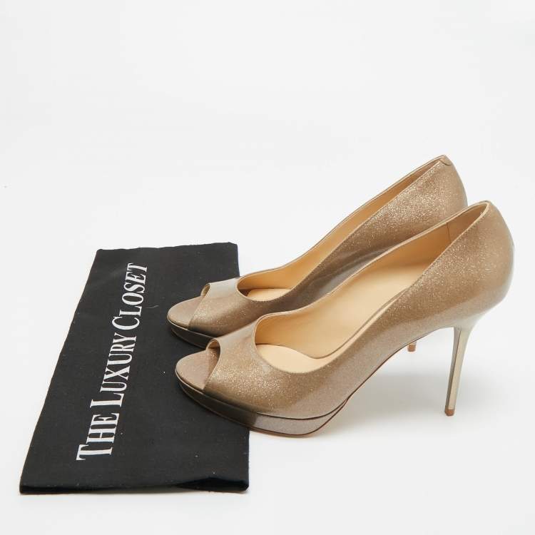 Pre Owned Jimmy Choo Metallic Gold Patent Leather Peep Toe Pumps Size 39