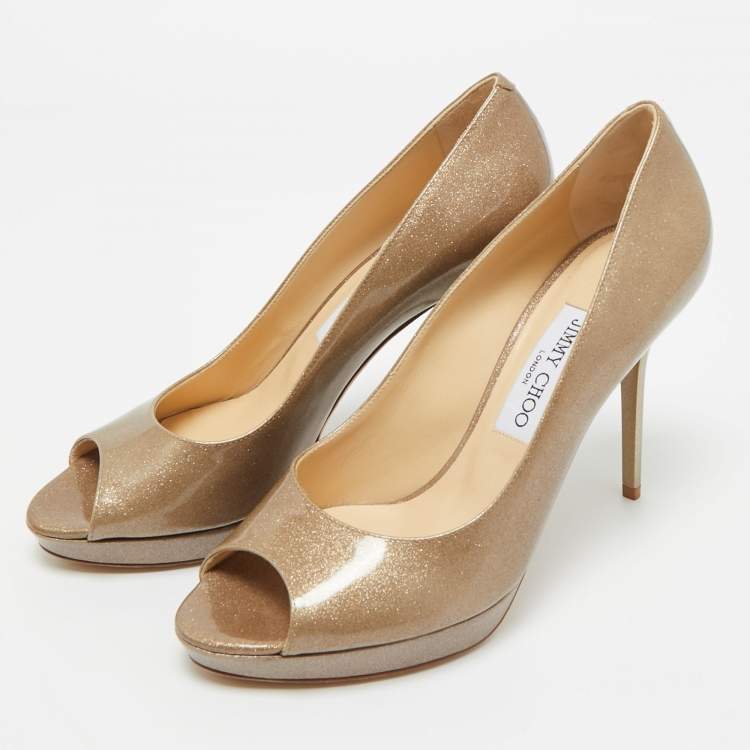 Pre Owned Jimmy Choo Metallic Gold Patent Leather Peep Toe Pumps Size 39