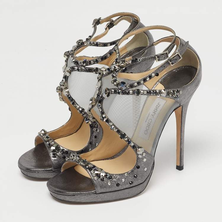 مملوكة مسبقًا Jimmy Choo Silver Leather and Mesh Crystal Embellished Viola Sandals Size 38