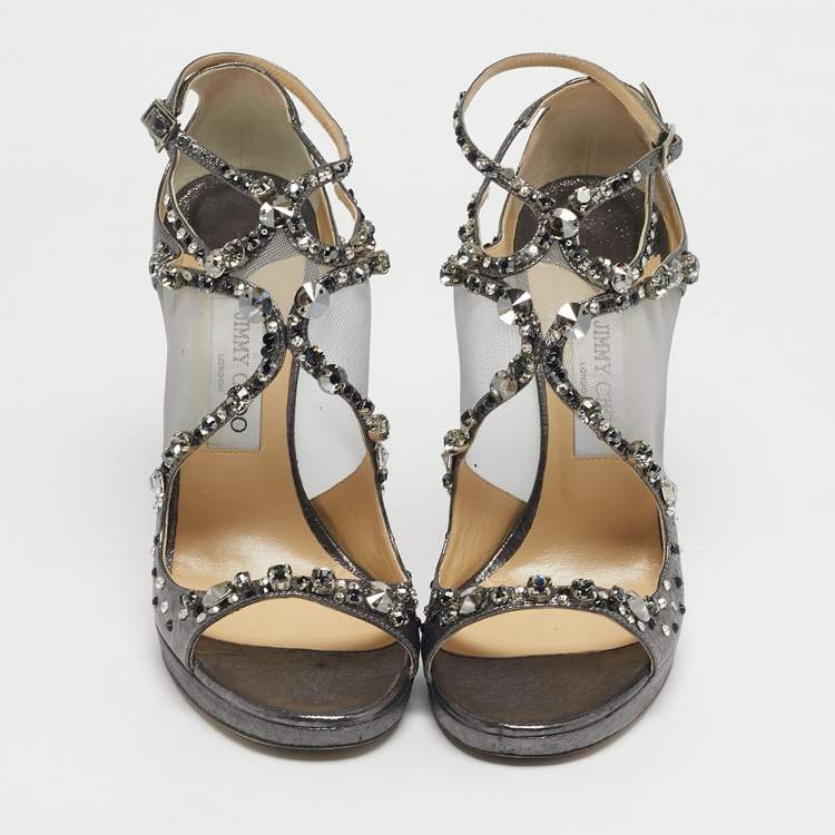 مملوكة مسبقًا Jimmy Choo Silver Leather and Mesh Crystal Embellished Viola Sandals Size 38