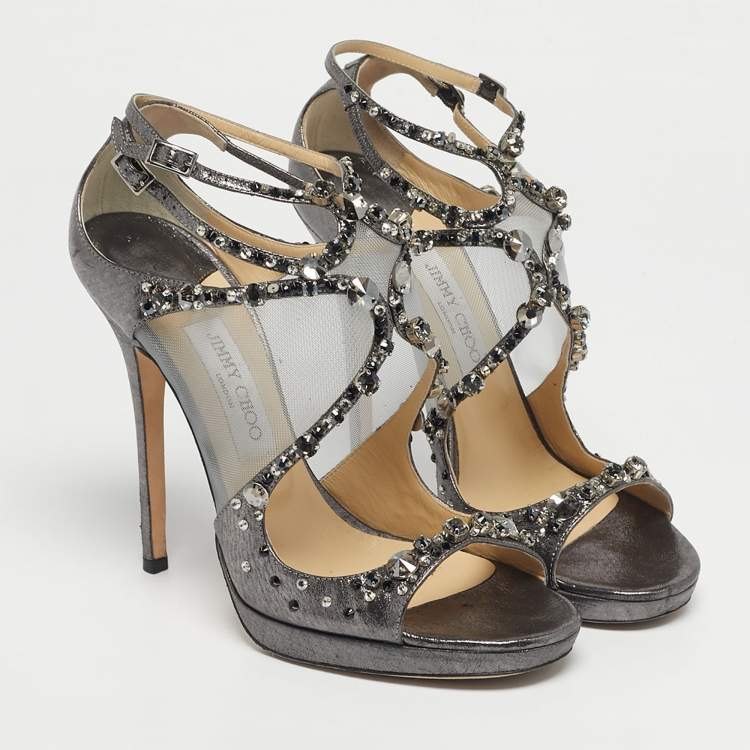 مملوكة مسبقًا Jimmy Choo Silver Leather and Mesh Crystal Embellished Viola Sandals Size 38