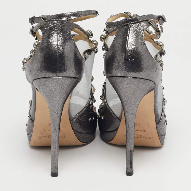 مملوكة مسبقًا Jimmy Choo Silver Leather and Mesh Crystal Embellished Viola Sandals Size 38