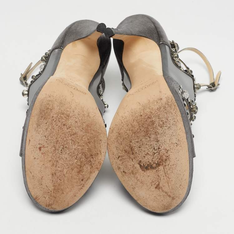 مملوكة مسبقًا Jimmy Choo Silver Leather and Mesh Crystal Embellished Viola Sandals Size 38