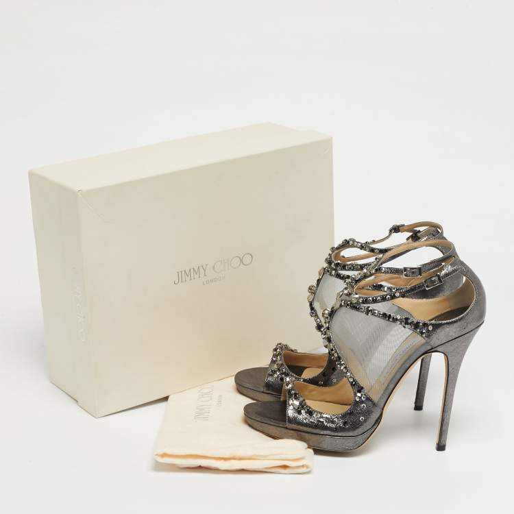 مملوكة مسبقًا Jimmy Choo Silver Leather and Mesh Crystal Embellished Viola Sandals Size 38