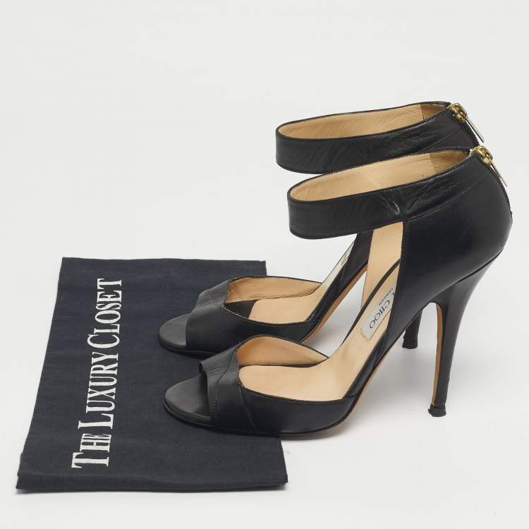 Pre Owned Jimmy Choo Black Leather Peep Toe Ankle Strap Sandals Size 39