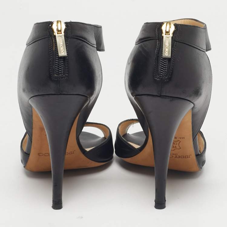 Pre Owned Jimmy Choo Black Leather Peep Toe Ankle Strap Sandals Size 39