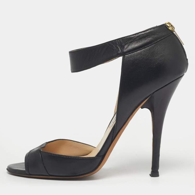 Pre Owned Jimmy Choo Black Leather Peep Toe Ankle Strap Sandals Size 39