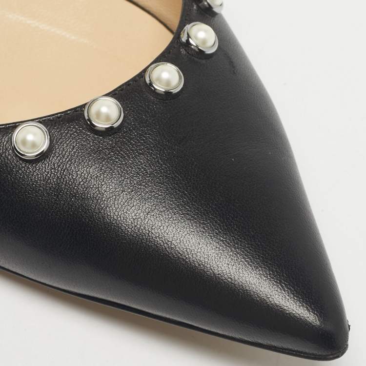 Pre Owned Jimmy Choo Black Leather Pearl Embellish Leema Ankle Strap Flats Size 38