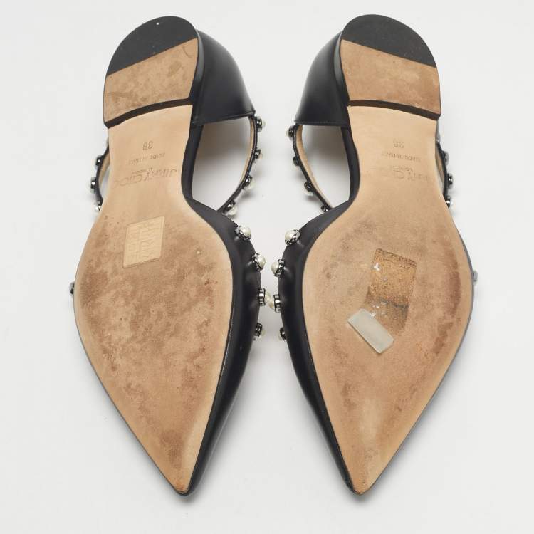 Pre Owned Jimmy Choo Black Leather Pearl Embellish Leema Ankle Strap Flats Size 38