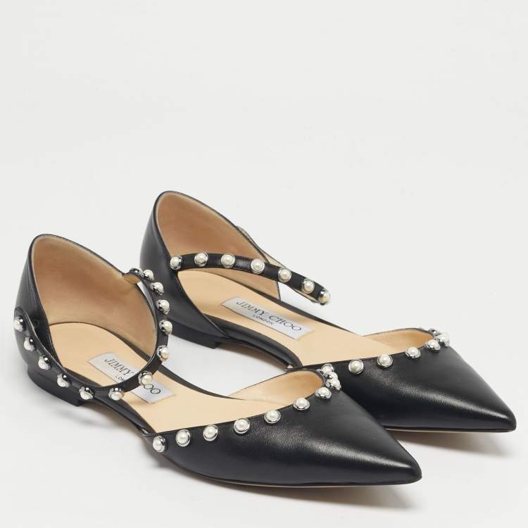 Pre Owned Jimmy Choo Black Leather Pearl Embellish Leema Ankle Strap Flats Size 38