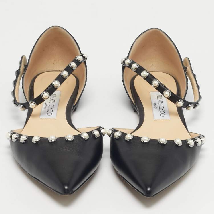 Pre Owned Jimmy Choo Black Leather Pearl Embellish Leema Ankle Strap Flats Size 38